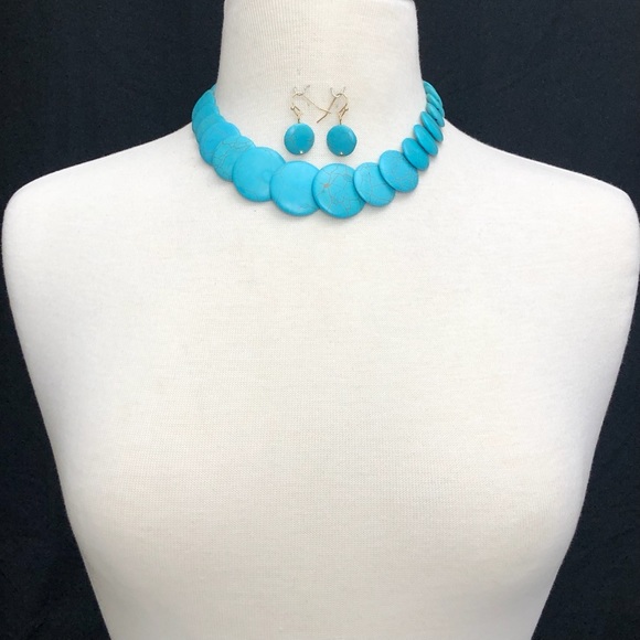 Turquoise Stone Round Disks Necklace Earrings Set - Picture 2 of 3
